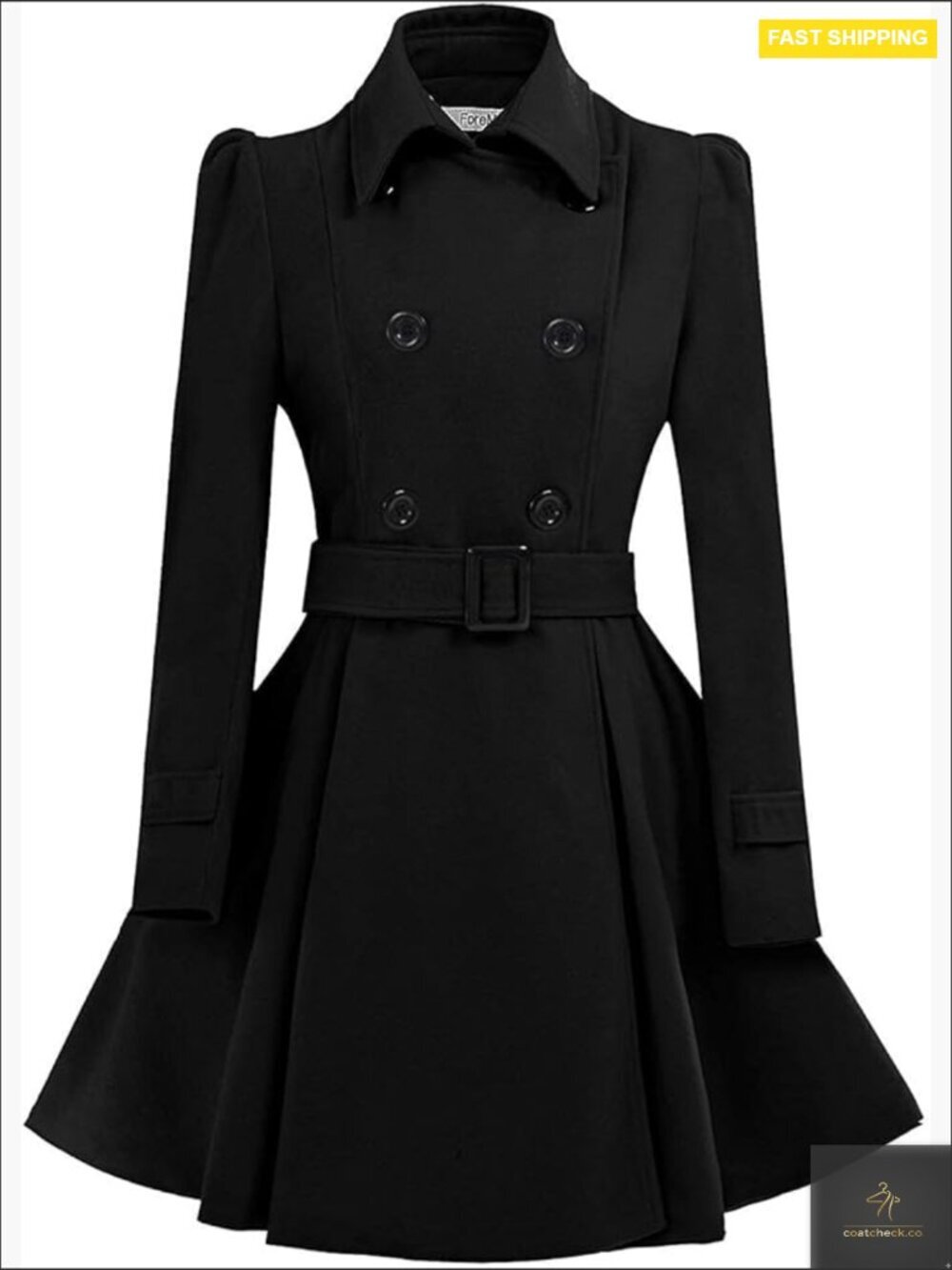 Wool Pea Coat Double Breasted Belted Fitted Flared Classic Elegant Winter